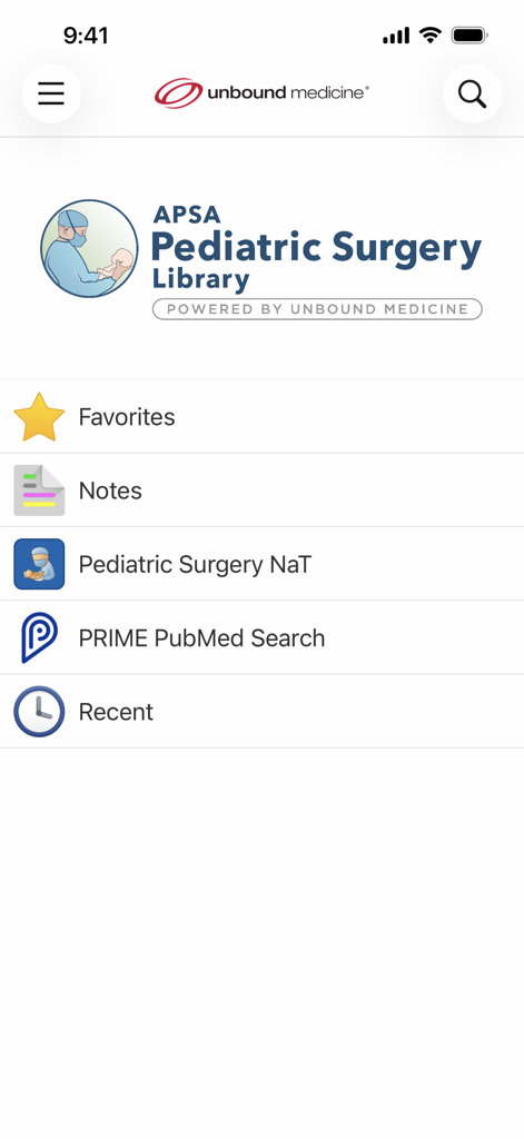 Home screen of the APSA Pediatric Surgery Library mobile app showing navigation menu items