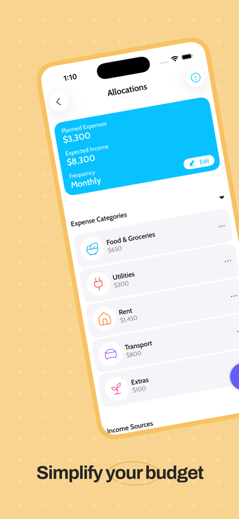 Walpat: Smart budgeting - Interface do aplicativo Walpat mostrando alocações orçamentárias mensais e categorias de despesas em um iPhone