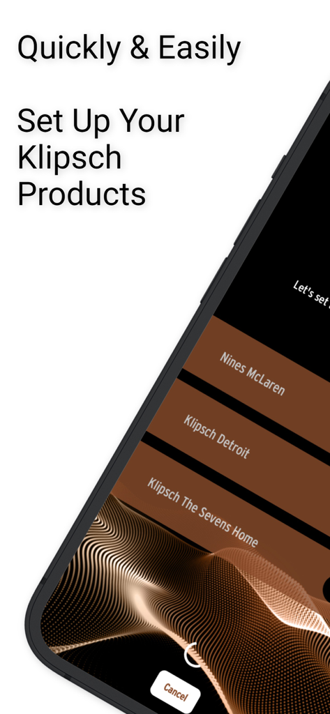 Klipsch Connect Plus app interface showing the product setup screen for speakers like Nines McLaren and Klipsch Detroit