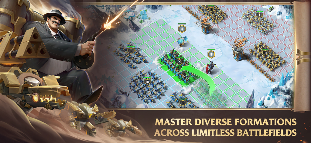 Um ecrã de batalha tática no Art of Conquest mostrando formações de tropas numa grelha sobre um campo de batalha com neve