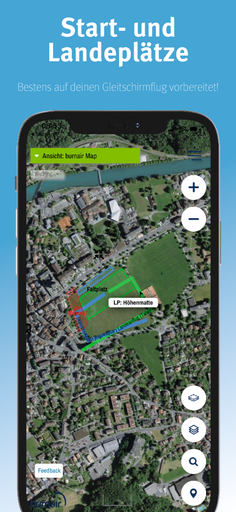 burnair Map - Satellite map view showing paragliding landing sites and zones in the burnair Map app