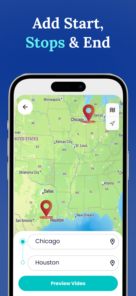 Mobile app interface showing a travel route selection on a map from Chicago to Houston with pins and destination input fields.