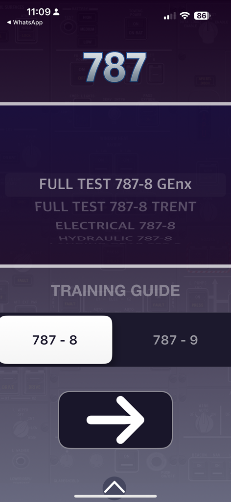 Boeing 787 Training Guide PRO menu interface showing aircraft variant selection and study modules for electrical and hydraulic systems.