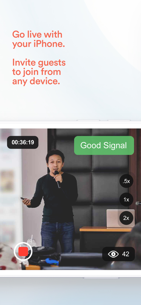 EventLive－Live Stream Event - EventLive-App-Oberfläche während eines Livestreams, die Signalqualität und Zuschauerzahl anzeigt