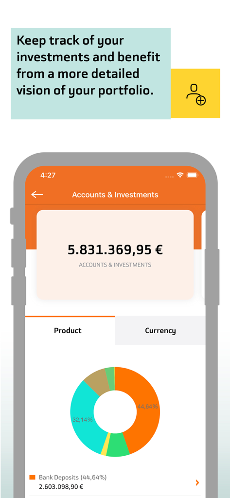 Bankinter Portugal app showing investment portfolio and asset allocation donut chart