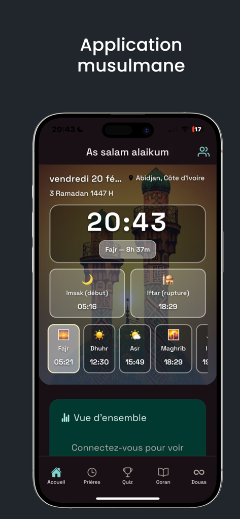 Tayssir app home screen showing Islamic prayer times and daily religious features