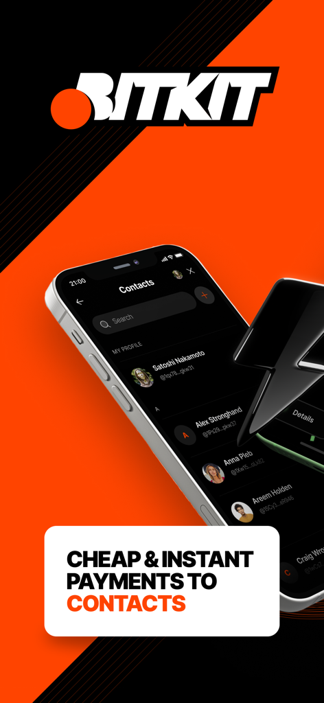 Bitkit: Bitcoin Wallet - Bitkit app interface showing a contacts list for cheap and instant Bitcoin payments.