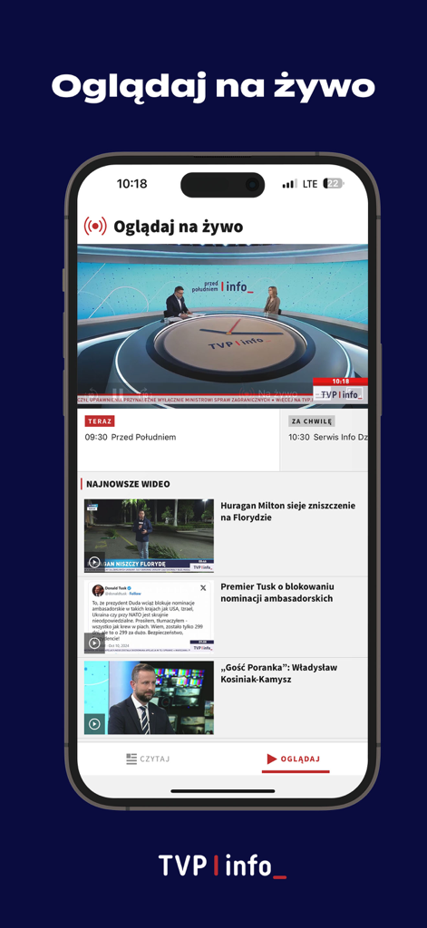 TVP Info - Interface of the TVP Info mobile app showing a live news broadcast and latest video headlines in Polish.