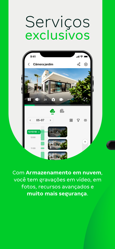 Mibo Smart app interface showing garden camera view and cloud storage recordings timeline
