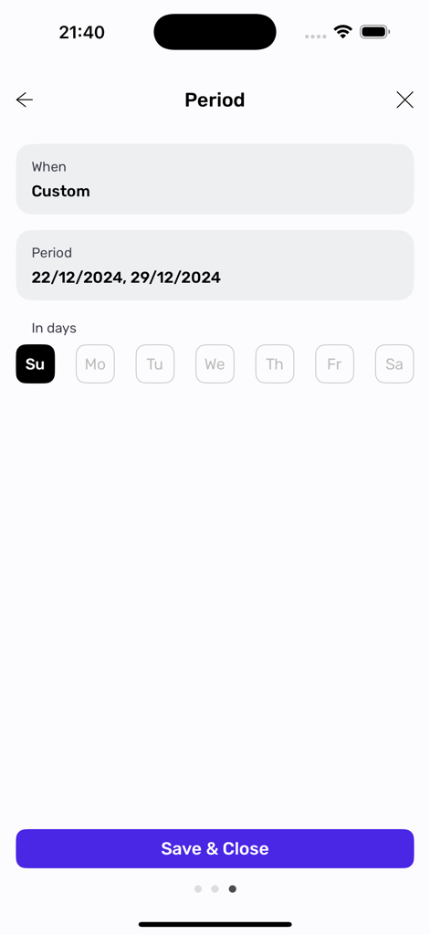 SHIFT world of transportation - SHIFT app screen for selecting custom date periods and days for corporate commute scheduling