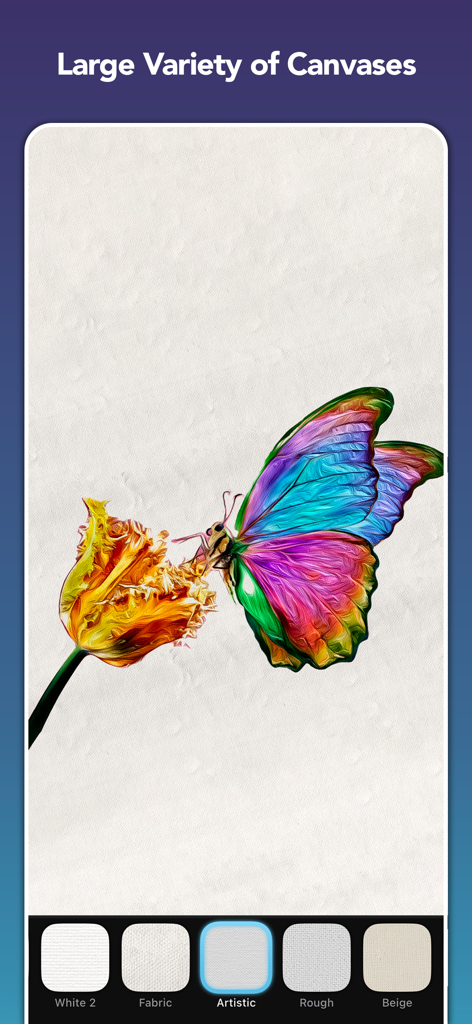 BeCasso: Photo to Painting App - Gemälde von Schmetterlingen und Blumen mit verschiedenen Optionen für Leinwandstrukturen in der Benutzeroberfläche der BeCasso-App