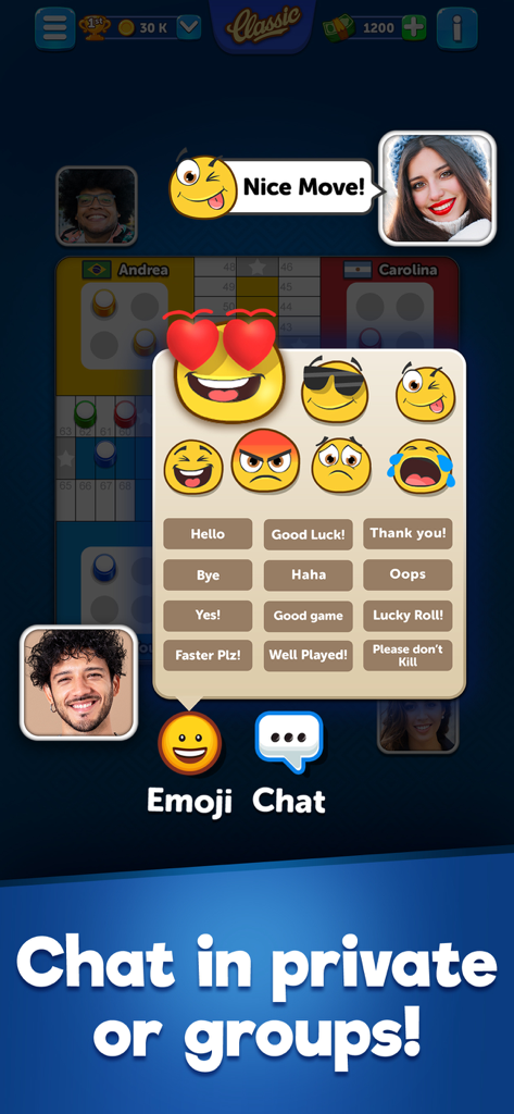 Captura de tela dentro do jogo do Parchis Club mostrando o chat social e o menu de emojis para interagir com os jogadores.