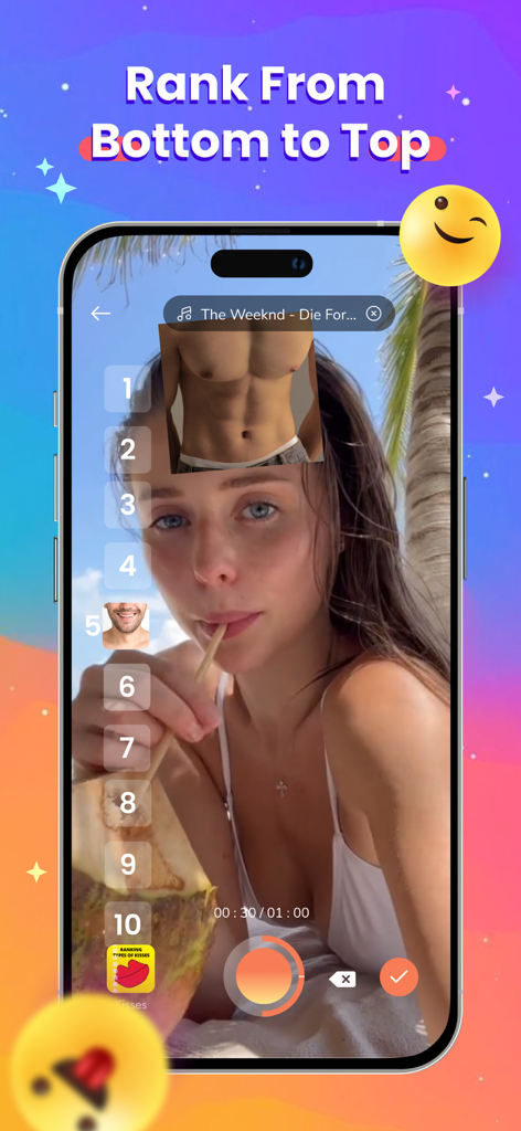 A mobile app interface showing a user ranking images from one to ten as part of a social media challenge.