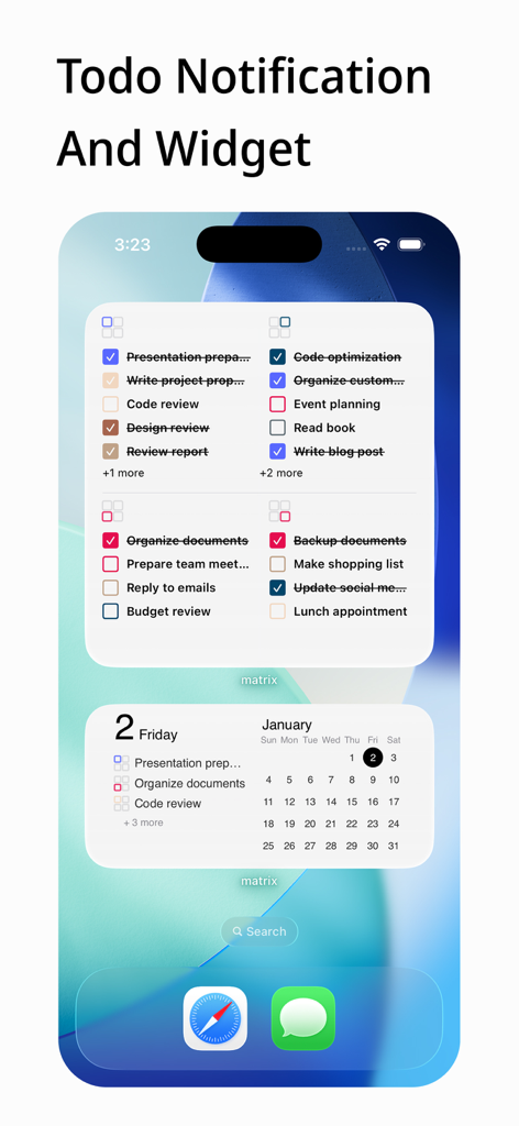 Todo & Task: Eisenhower Matrix - Pantalla de inicio de iOS que muestra widgets de Matriz de Eisenhower y calendario para la gestión de tareas