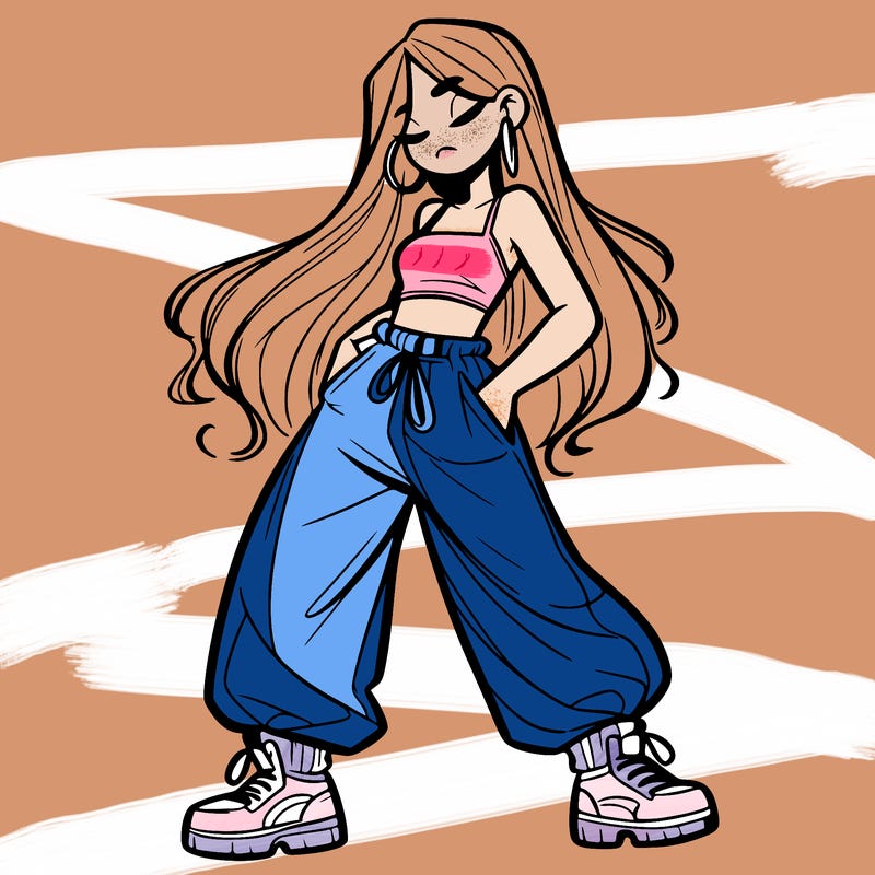 girl in baggy pants crop top and long hair