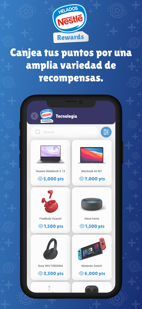 Helados Nestlé Rewards - 노트북 및 콘솔과 같은 기술 상품과 포인트 가치를 보여주는 네슬레 아이스크림 리워드 앱 화면.