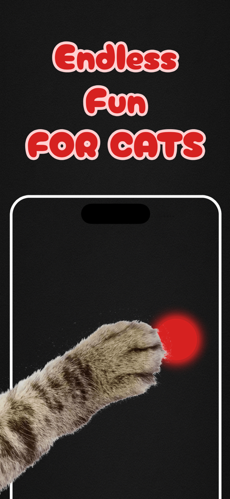 Games for Cats - Meowly - Uma pata de gato tocando um ponto laser vermelho digital em uma tela de celular com o texto Diversão sem fim para gatos.