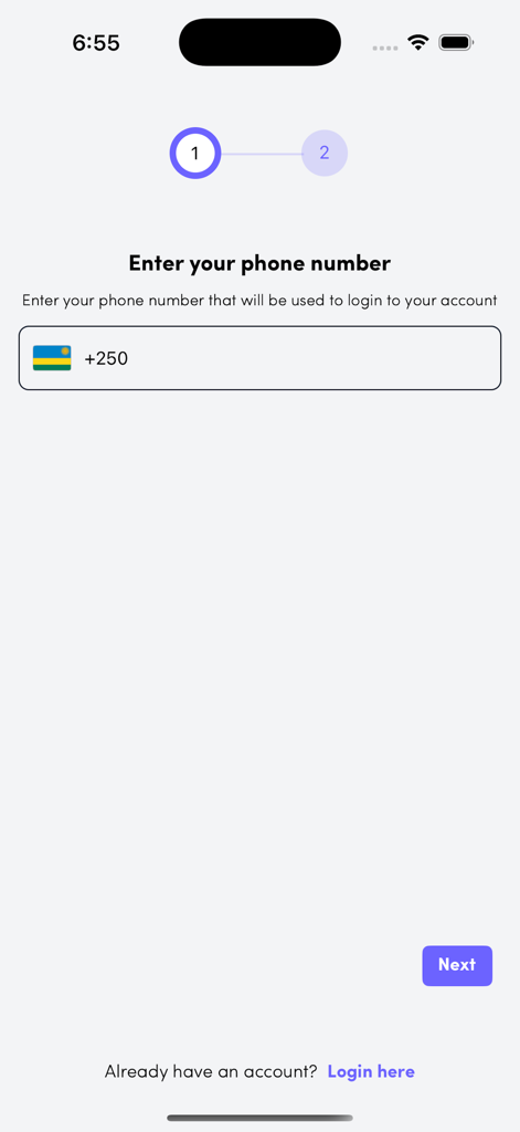 Ikofi - Registrierungsbildschirm der Ikofi-Finanz-App mit Aufforderung zur Eingabe einer ruandischen Telefonnummer mit der Ländervorwahl +250