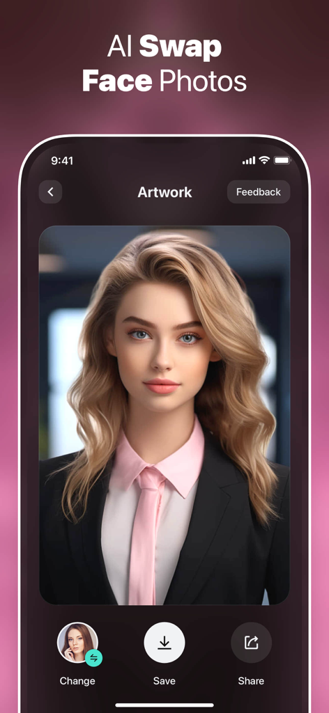 AI face swap feature showing a professional portrait of a woman