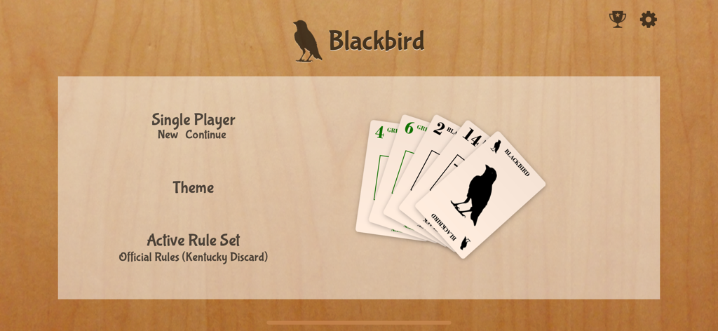 Blackbird! - Menu principal do aplicativo de jogo de cartas Blackbird mostrando opções de jogador único e conjunto de regras Kentucky Discard