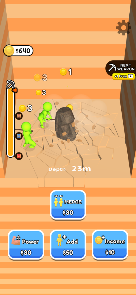 Dig Dig ASMR - Gameplay of Dig Dig ASMR showing characters digging around a stone head with upgrade buttons at the bottom