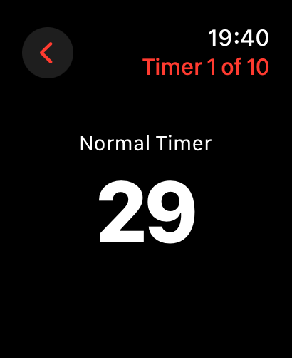Burst Timers - Burst Timers interface on Apple Watch displaying a countdown for the first of ten sequential timers