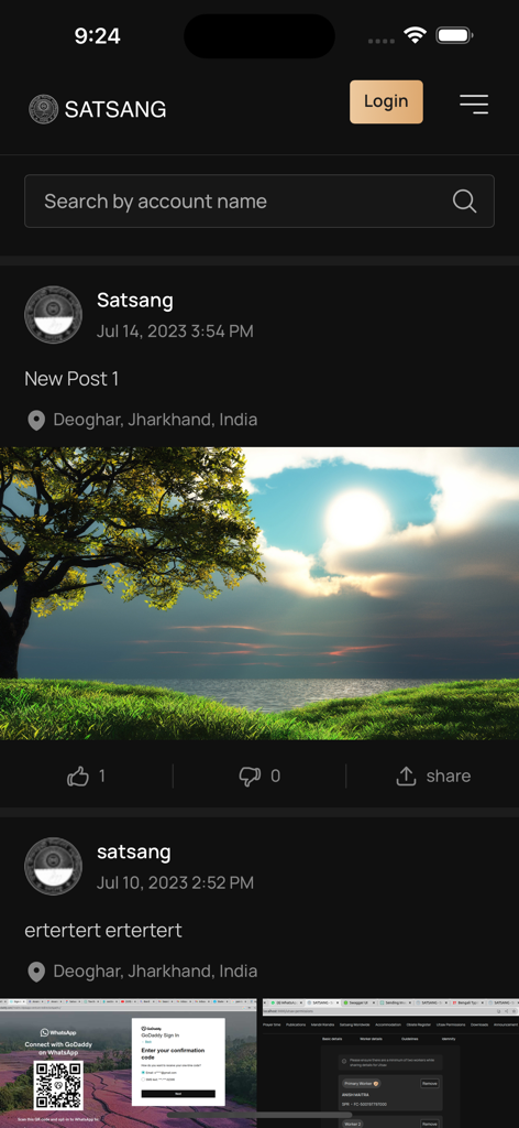 Satsang Official - Satsang Official app interface displaying community posts with spiritual content