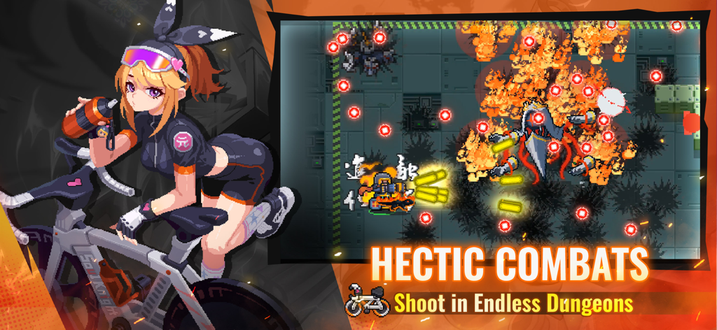 Soul Knight gameplay screenshot showing hectic pixel art combat in a dungeon with an anime character on a bicycle.