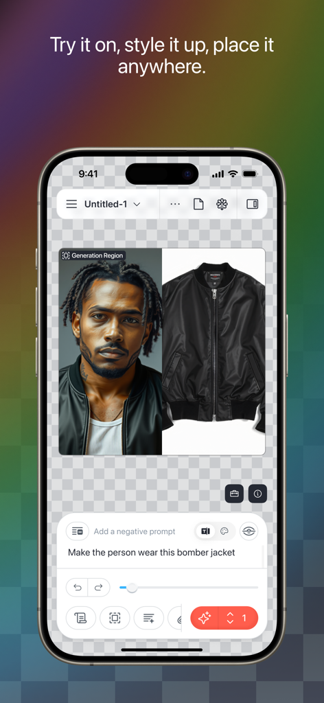 Draw Things: Offline AI Art - A screenshot of the Draw Things app interface showing an AI-powered feature to swap clothing on a portrait using a text prompt