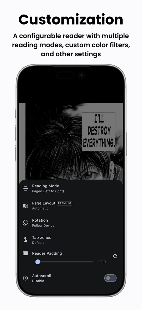 Tachimanga - Tachimanga app interface displaying customizable reader settings for manga