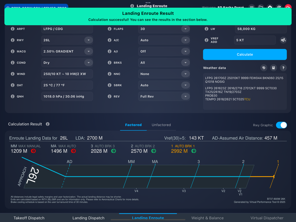 Landing enroute calculation results and runway graphic in the Virtual Performance Tool app.