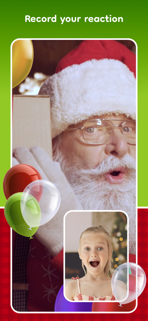 Santa Video Call – Fake Chat - A screenshot of the Santa Video Call app showing a child reacting to a call with Santa Claus.