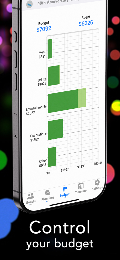 Pro Party Planner - Pro Party Planner app displaying a horizontal bar chart of event expenses across categories like food and entertainment