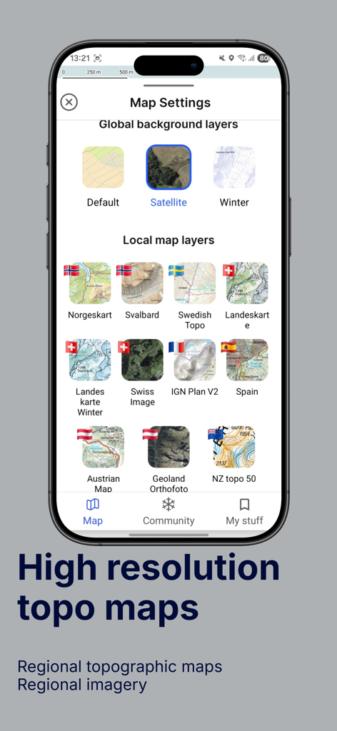 Schermata delle impostazioni della mappa nell'app Skida che mostra vari livelli di mappa topografica globali e locali ad alta risoluzione.