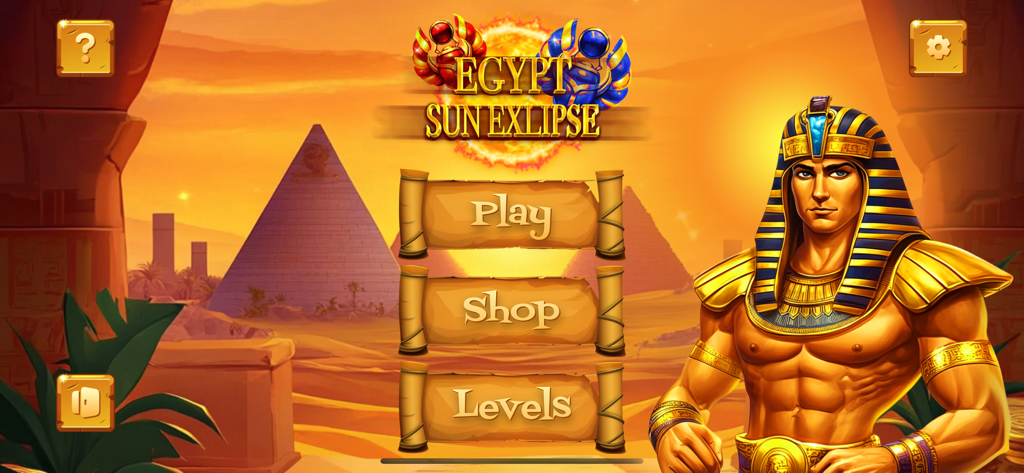 Egypt: Sun Eclipse - Menú principal del juego móvil Egypt Sun Eclipse mostrando un personaje faraón y botones de menú sobre pergaminos de papiro.