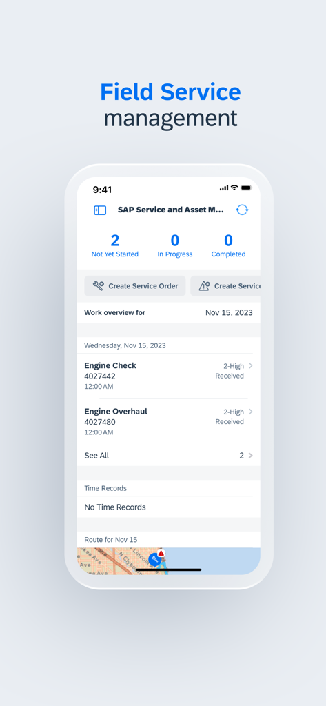 SAP Service and Asset Manager - Mobile Oberfläche von SAP Service and Asset Manager, die Außendienst-Arbeitsaufträge und den Status-Dashboard anzeigt