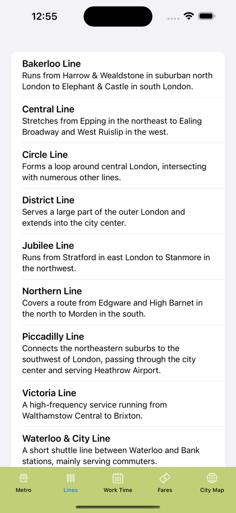 Una lista de líneas del Metro de Londres y las descripciones de sus rutas en la interfaz de una aplicación móvil