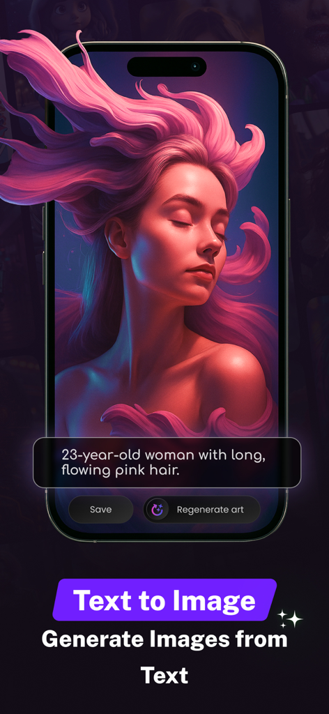 AI Art Generator - Nano Banana - AI Art Generator app interface showing an image of a woman with pink hair generated from a text prompt