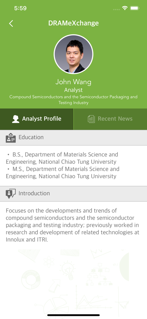 Profile page of analyst John Wang in the TrendForce app showing his semiconductor industry expertise