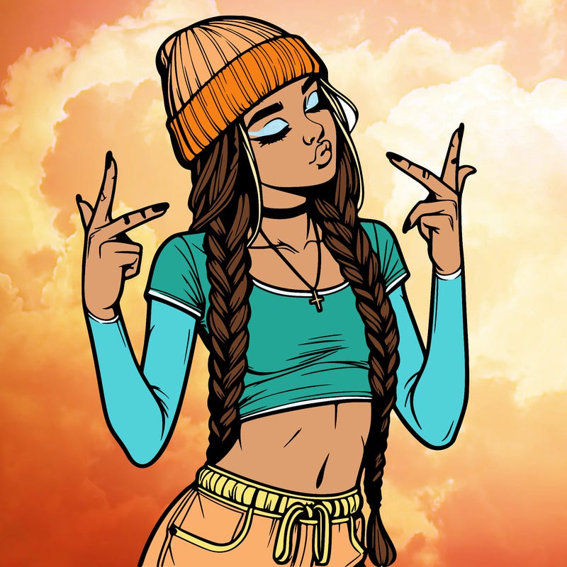 realistic teenage girl with braids and a beanie and crop top doing 🫶🏼