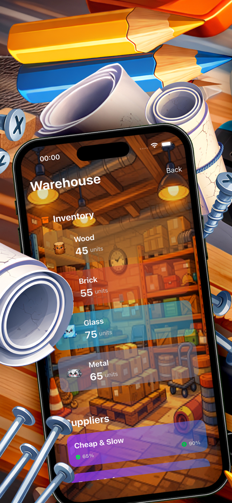 Towerish - Pantalla de inventario de Towerish que muestra recursos de construcción como madera y ladrillos en una estética acogedora