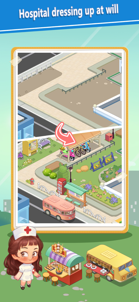 Screen showing before and after hospital grounds decoration with a bus stop and food stalls.