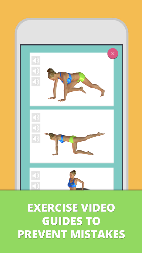 Fitness Challenge 30 Days - Mobile app screen showing 3D animated exercise video guides to help users perform workouts with correct form.