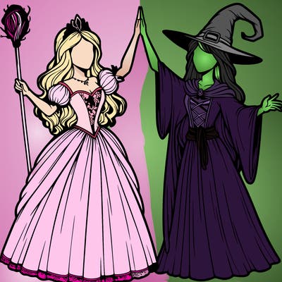 detailed realistic split of a princess and a witch