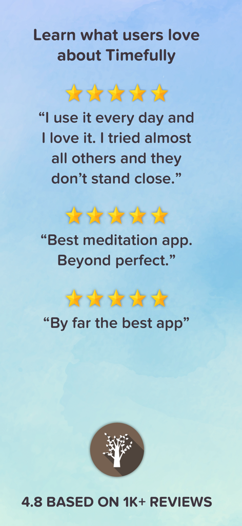 Positive user testimonials and five-star ratings for Timefully meditation app