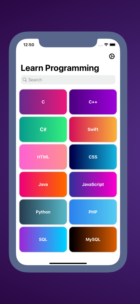 The main dashboard of the CodeHub app showing a list of various programming languages including Python, Java, and Swift.