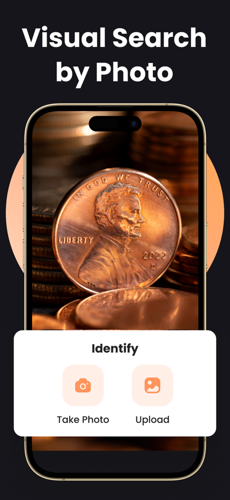 CoinIn app showing a visual search by photo feature to identify a US penny.