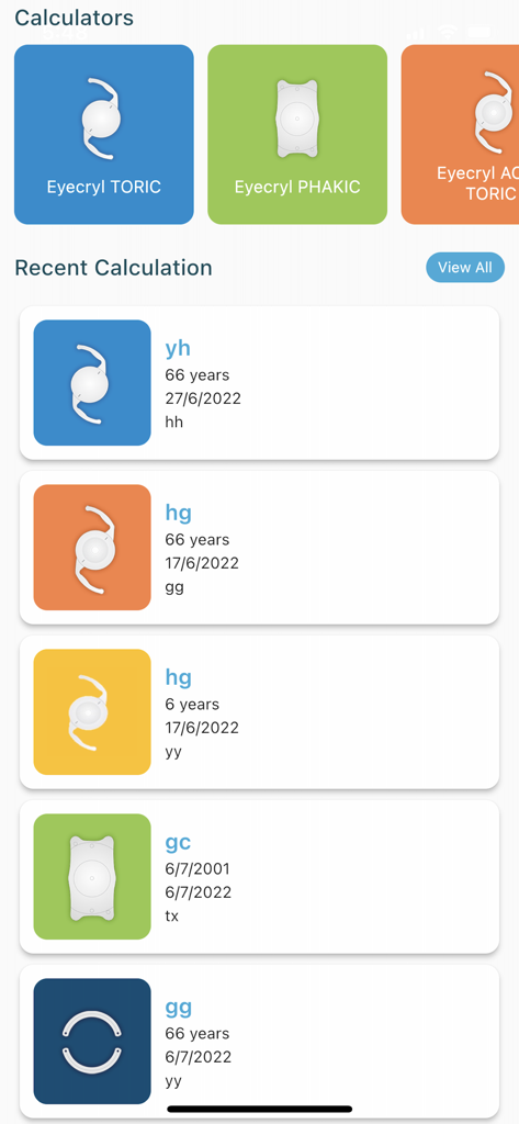 Biotech Calculators - Main dashboard of the Biotech Calculators app showing different Eyecryl lens calculation categories and a list of recent patient calculations.