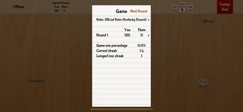 Eine Anzeigetafel, die Spielstatistiken und Kentucky Discard-Regeln im Blackbird-Kartenspiel anzeigt