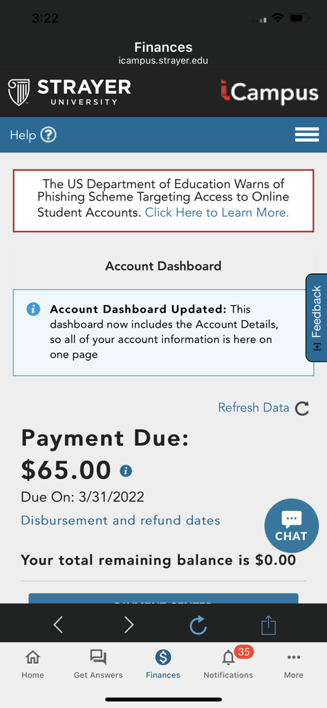 Strayer - Strayer University app finances dashboard showing payment due and account balance